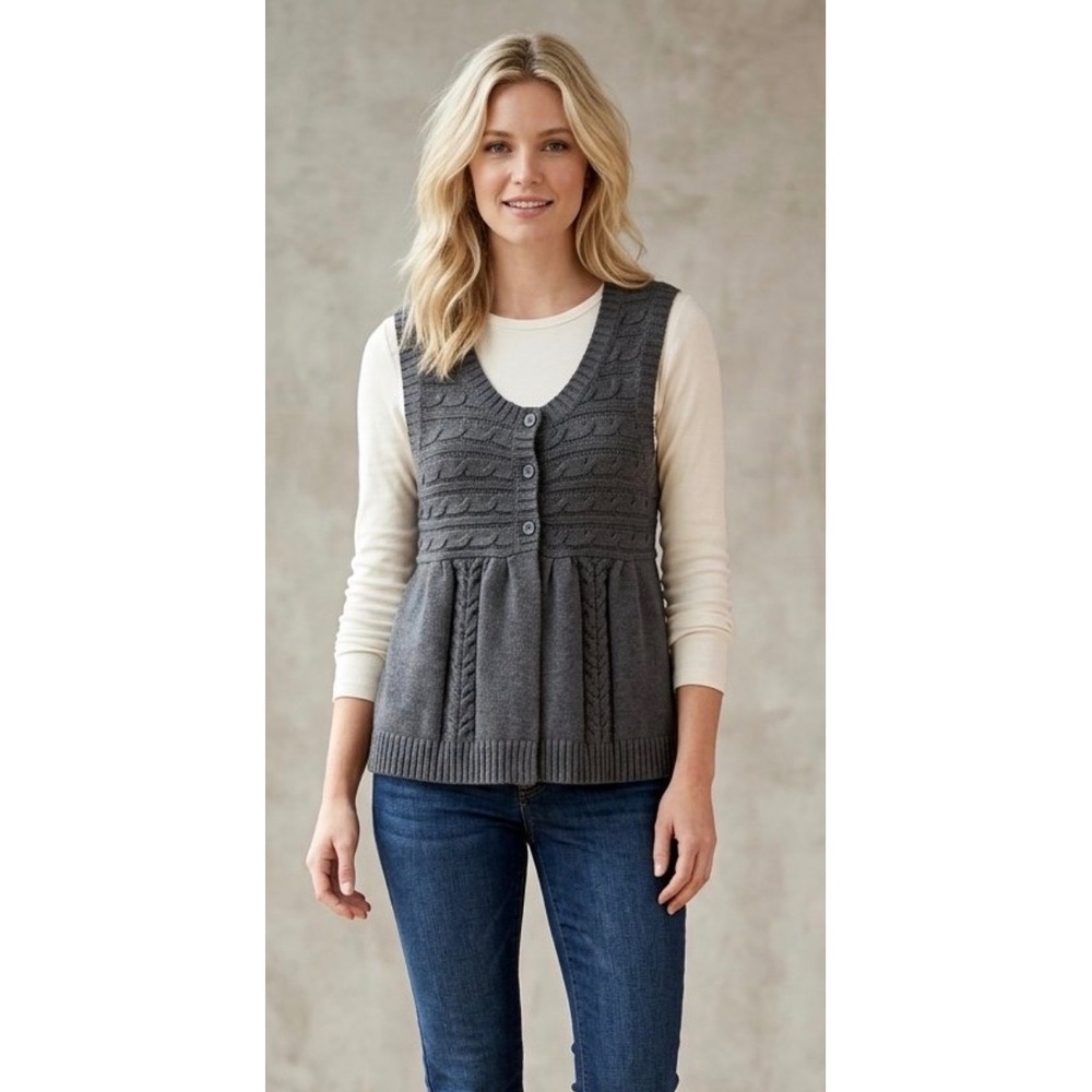 Route 66 Gray Cable Knit Button Front Peplum Sweater Vest XL